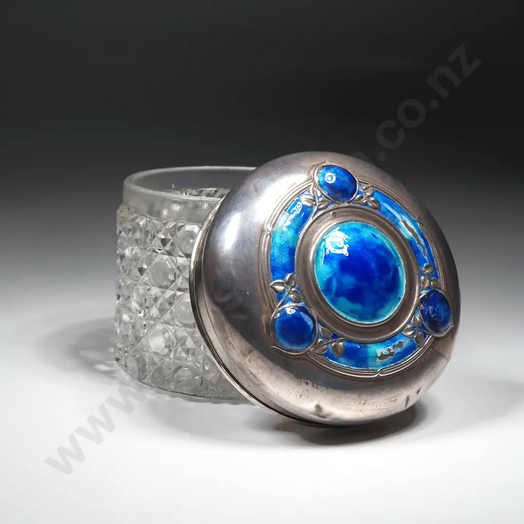 Hobnail Glass & Sterling Silver Dressing Table Jar w Enamelled Top, Some Enamel Damage Image 1++