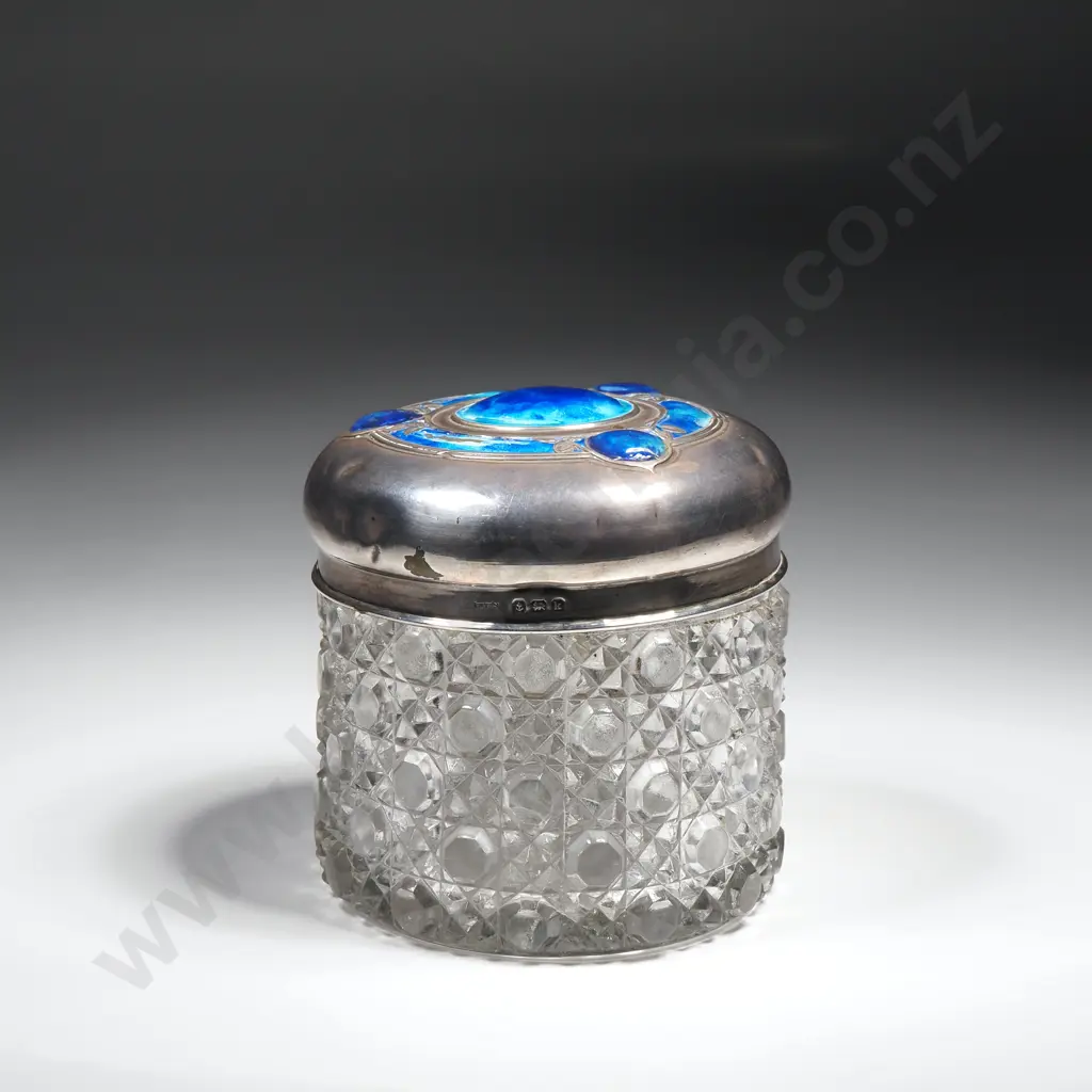 Hobnail Glass & Sterling Silver Dressing Table Jar w Enamelled Top, Some Enamel Damage Image 1++