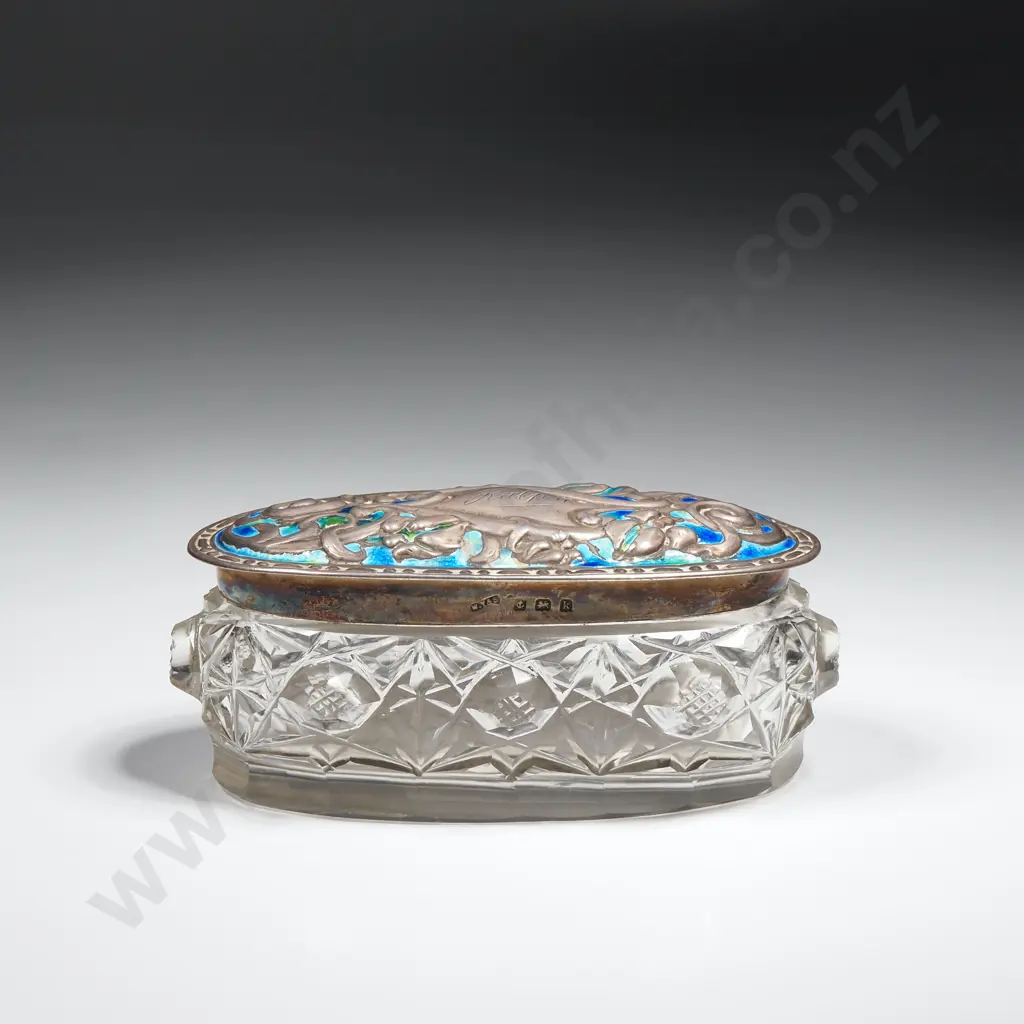 Sterling Silver & Glass Oval Trinket Box w Enamel Detail to Lid, Some Enamel Missing Image 1++