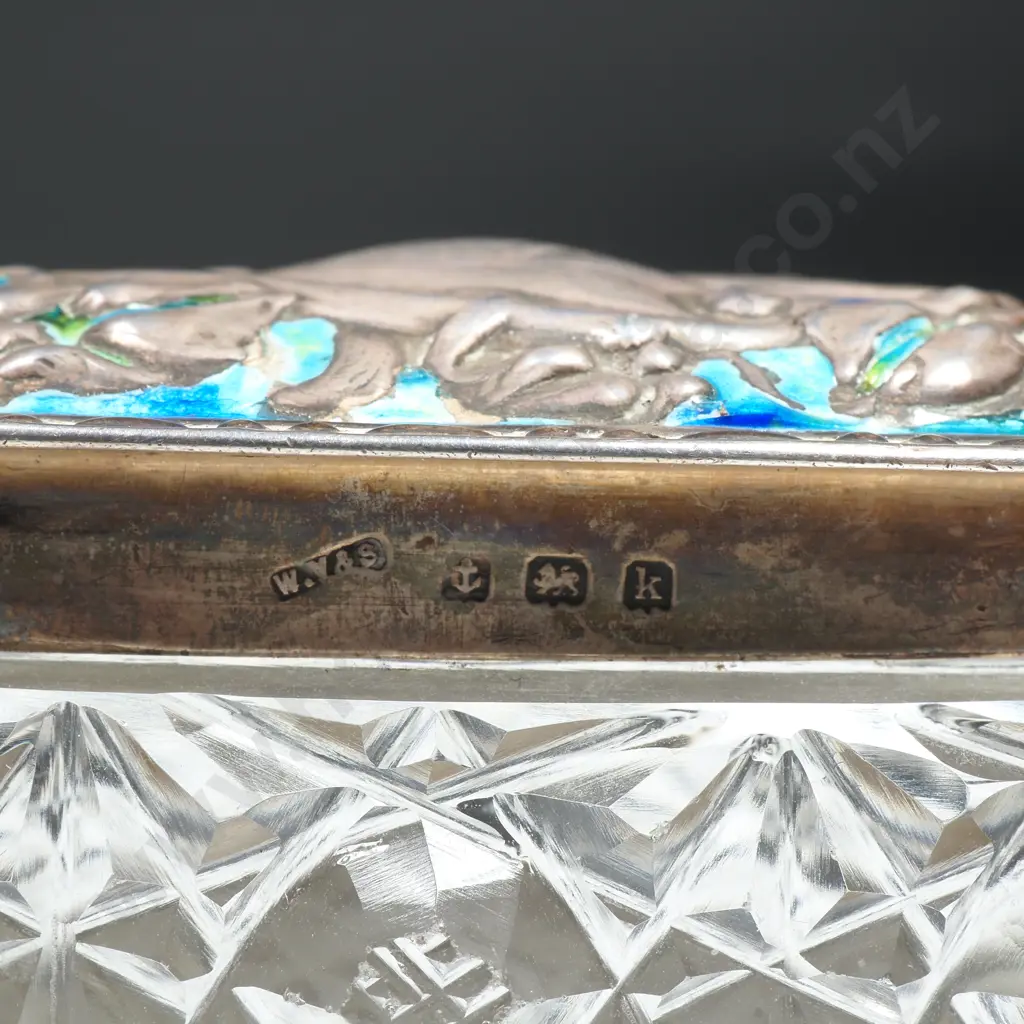 Sterling Silver & Glass Oval Trinket Box w Enamel Detail to Lid, Some Enamel Missing Image 1++