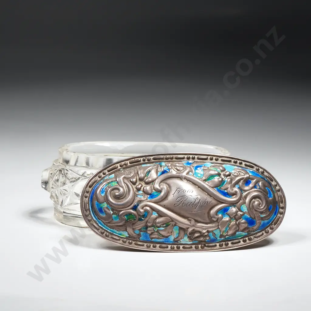 Sterling Silver & Glass Oval Trinket Box w Enamel Detail to Lid, Some Enamel Missing Image 1++