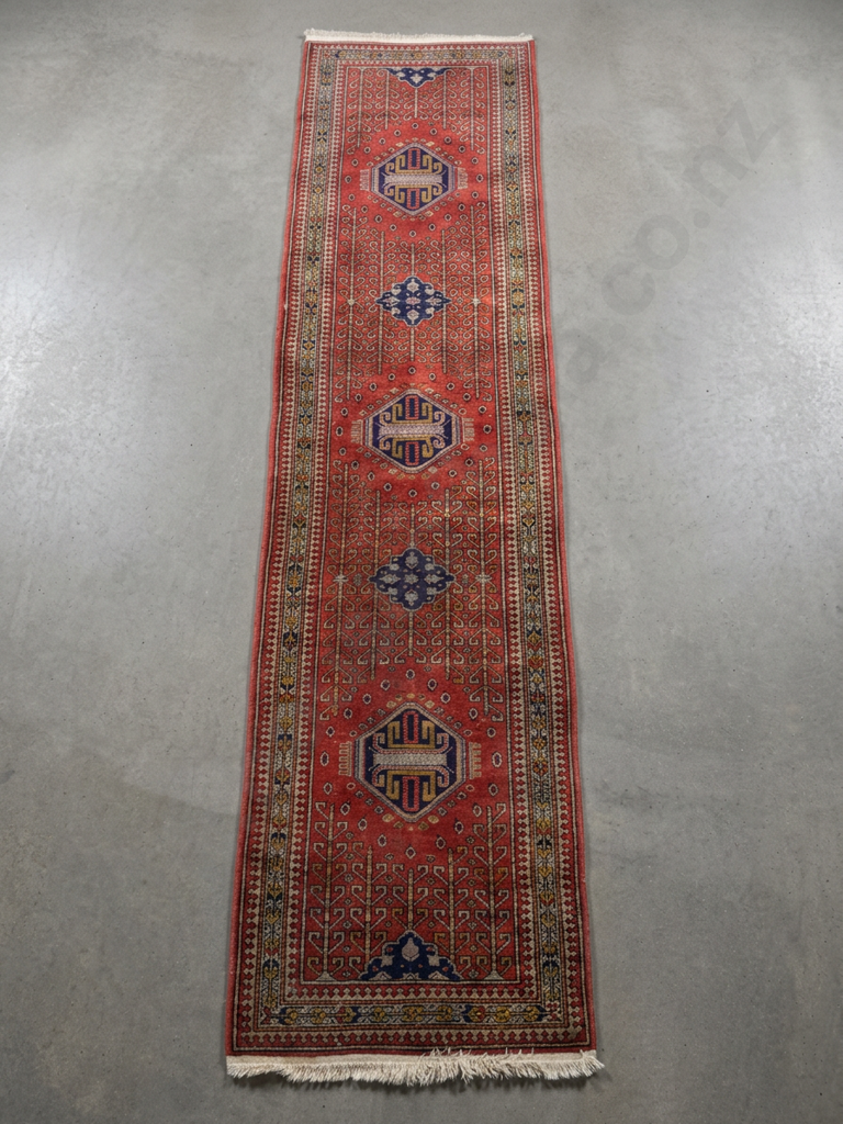 Persian Gharajeh Runner w a Terracotta Field w Distinct Linear Arrangement of Geometric Medallions Image 1++