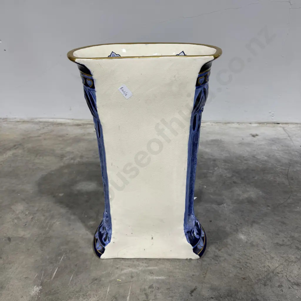 Exceptional Flat Back Art Nouveau Doulton Burslem Morrisian Ware Umbrella Stand in Blue & White w Heavy Gilding Image 1++