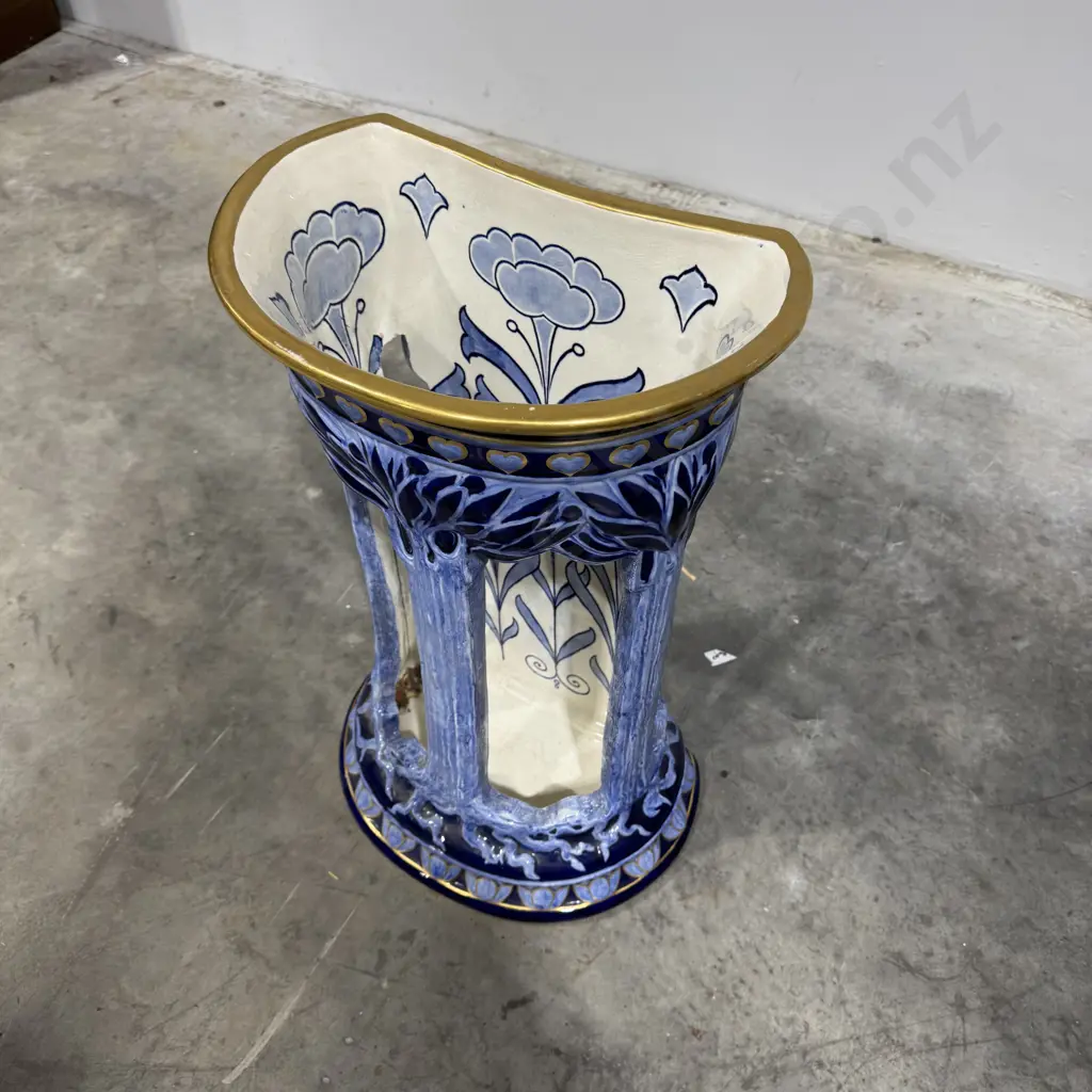 Exceptional Flat Back Art Nouveau Doulton Burslem Morrisian Ware Umbrella Stand in Blue & White w Heavy Gilding Image 1++