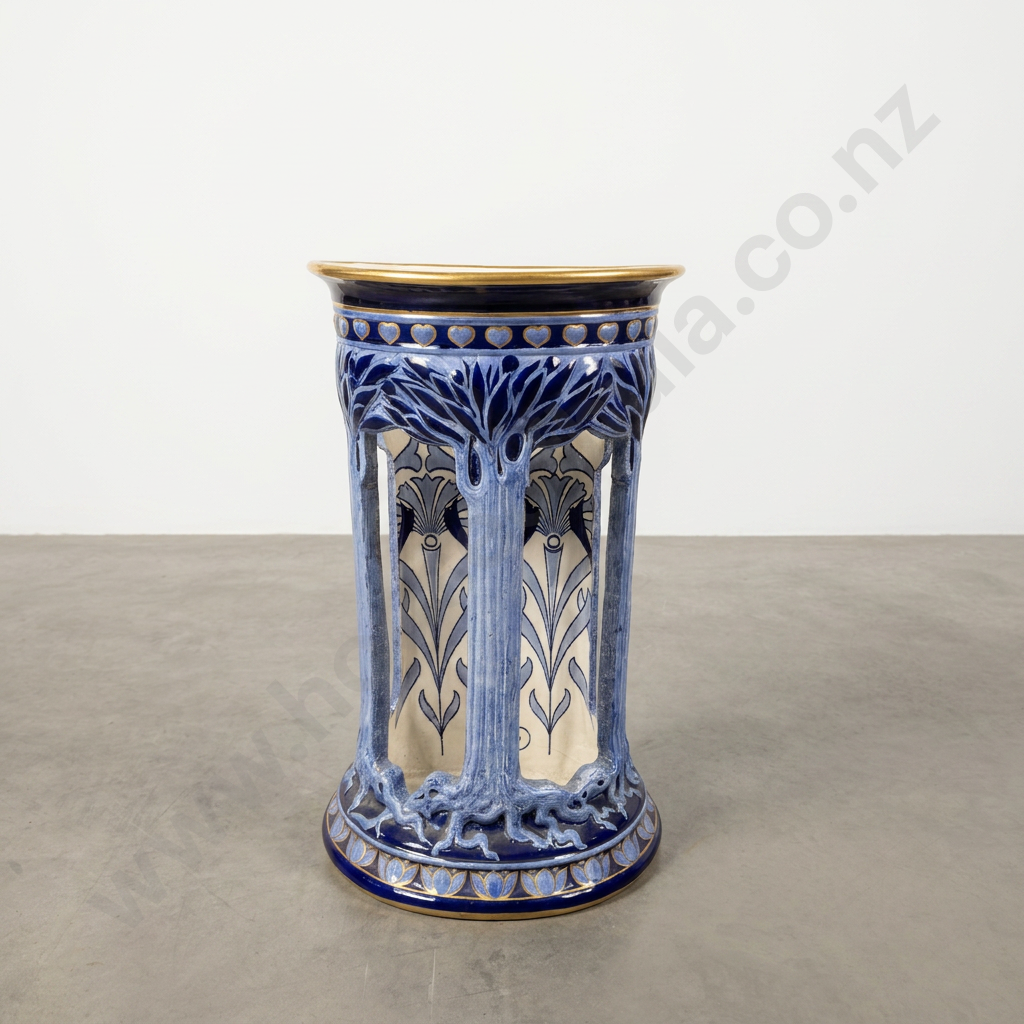 Exceptional Flat Back Art Nouveau Doulton Burslem Morrisian Ware Umbrella Stand in Blue & White w Heavy Gilding Image 1++