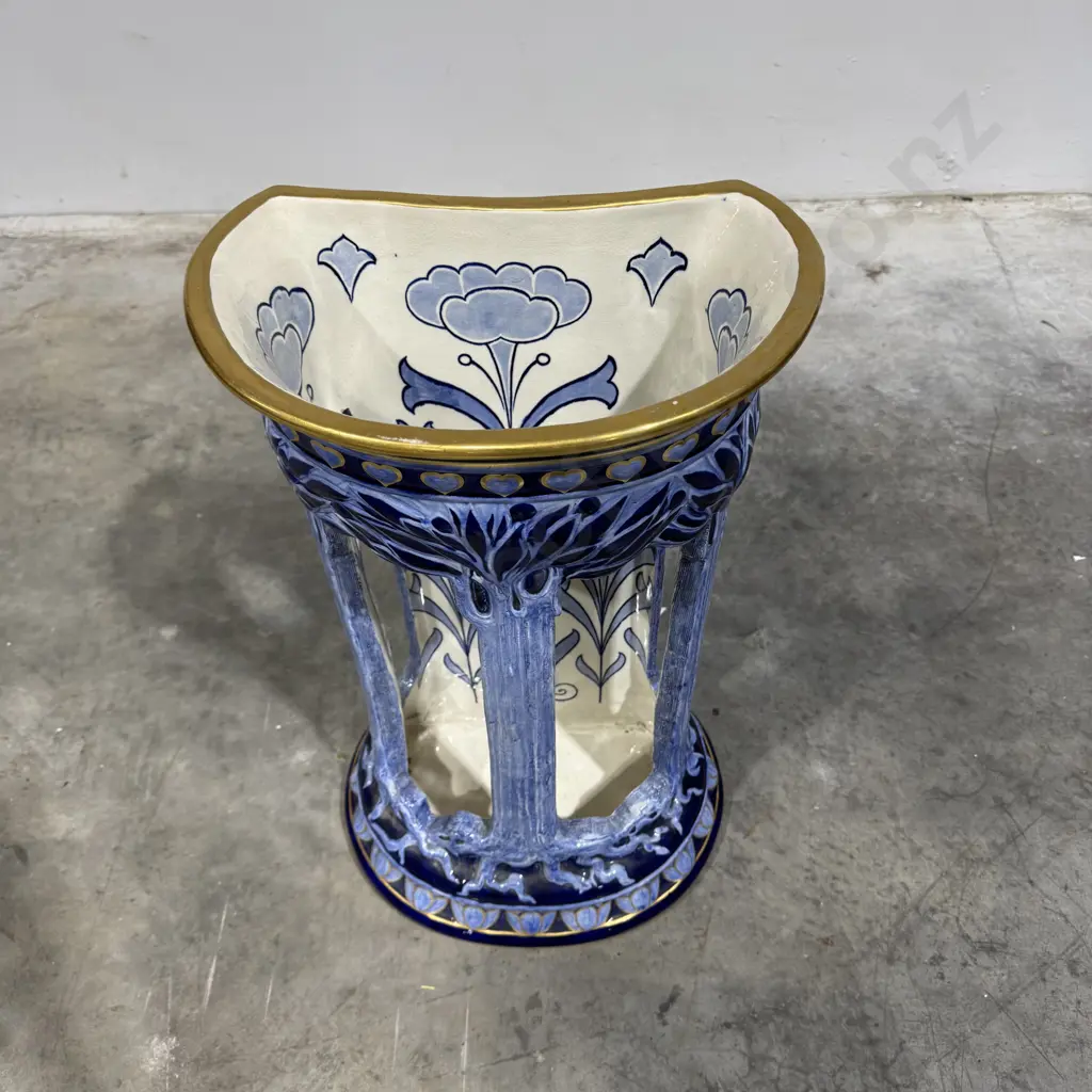 Exceptional Flat Back Art Nouveau Doulton Burslem Morrisian Ware Umbrella Stand in Blue & White w Heavy Gilding Image 1++
