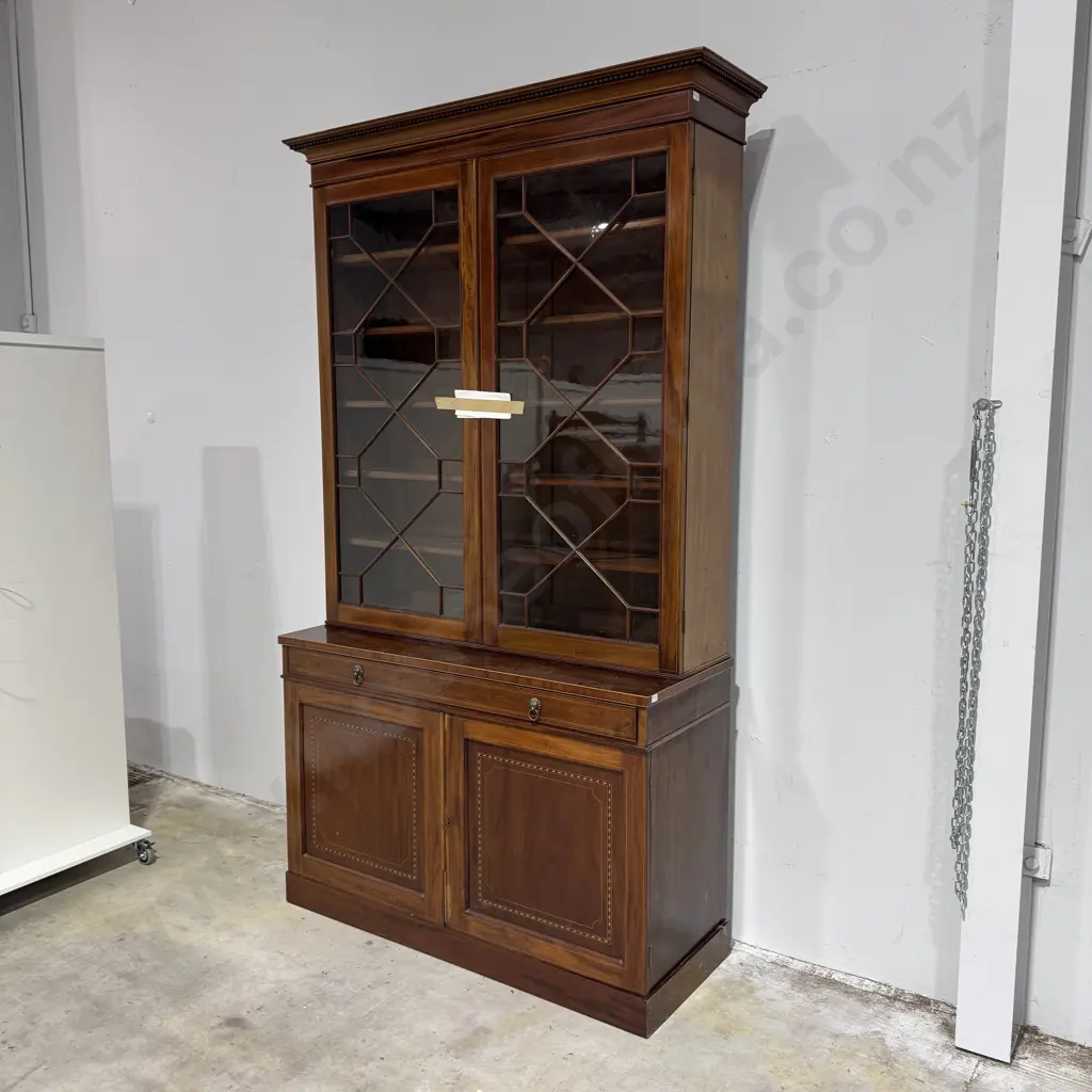 Antique Mahogany Chiffonier Bookcase, the Bookcase w Astragal Glazed Doors & Dentil Cornice, The Base w Marquetry Inlay Image 1++