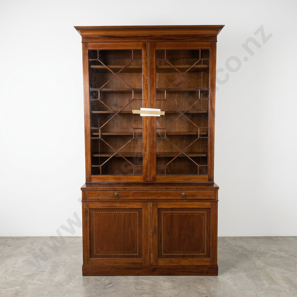 Antique Mahogany Chiffonier Bookcase, the Bookcase w Astragal Glazed Doors & Dentil Cornice, The Base w Marquetry Inlay Image 1++