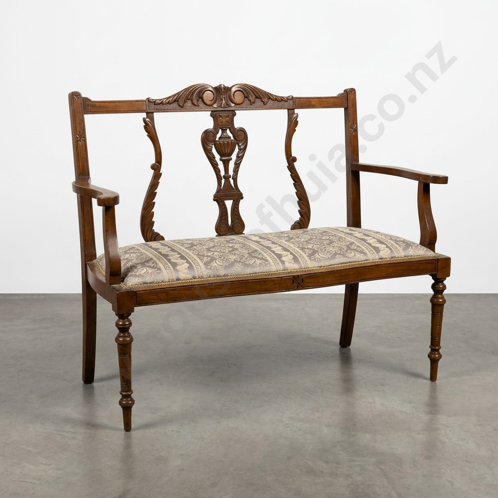 Edwardian Couch w Carved Splats to Back on Turned Legs & Upholstered Damask Seat Image 1++
