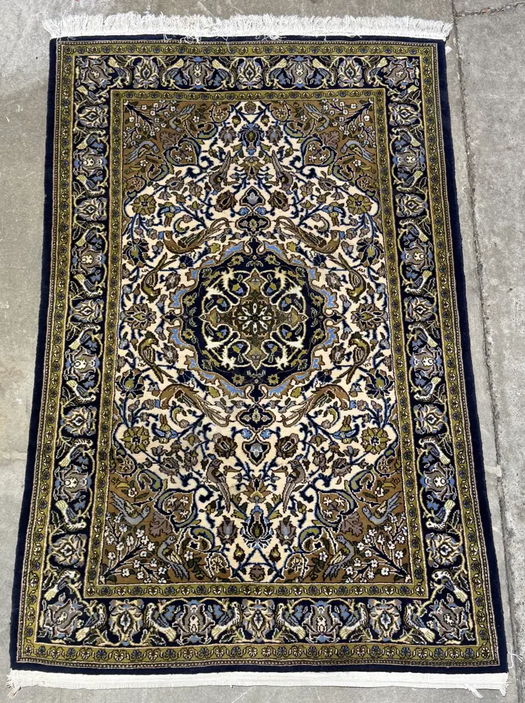 Pak Persian Rug w Traditional Floral Medallion Designs in Navy Blue & Cream Image 1++