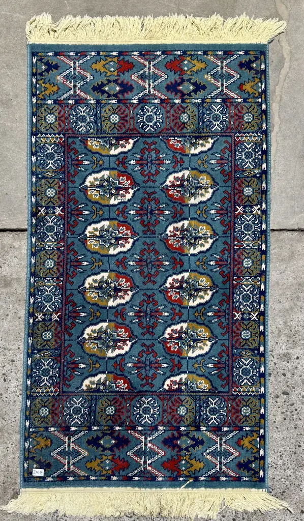 Small Afghanistan Woollen Rug w Traditional Red Yellow & White Geometric Medallions on a Pale Blue Ground Image 1++