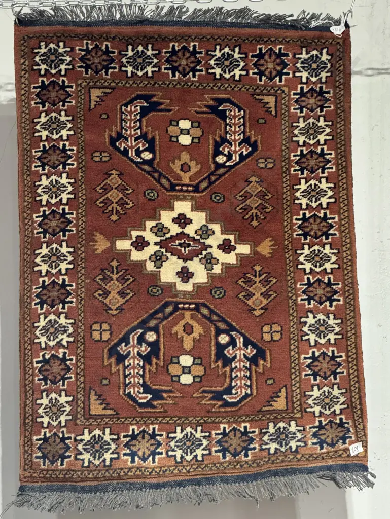 Hand Knotted Afghan Prayer Rug in Blues Rusts & Cream Image 1++