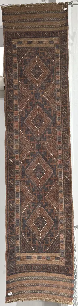 Hand Knotted Persian Style Runner w Geometric Designs in Muted Shades of Blue, Terracotta, Rust & Earthy Tones Image 1++