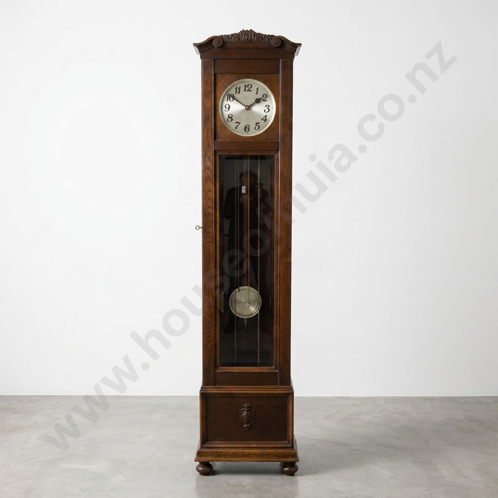 Art Deco German Oak Cased Grandfather Clock w Long Bevelled Glass Door, Weights & Pendulum,the Face w Arabic Numerals Image 1++