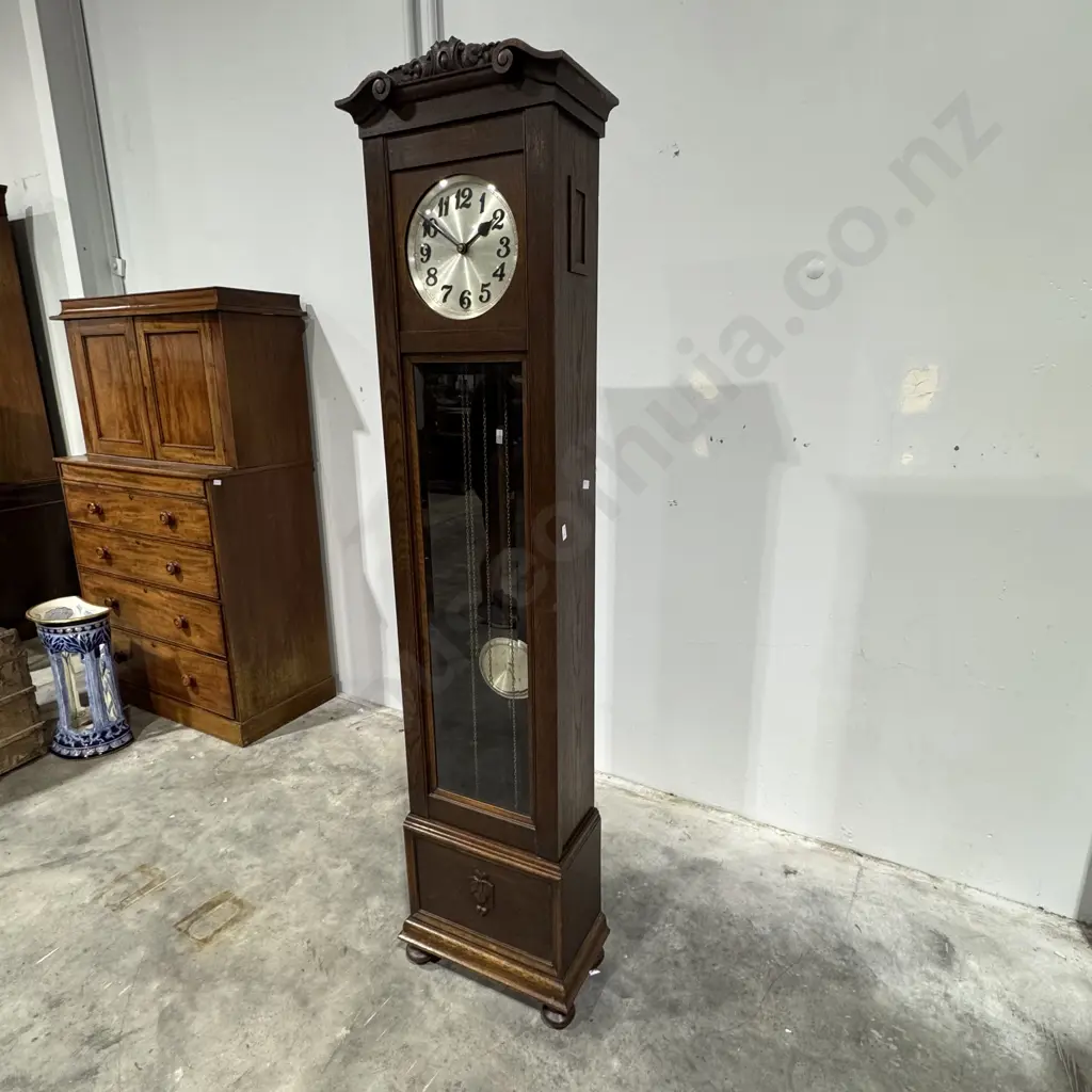 Art Deco German Oak Cased Grandfather Clock w Long Bevelled Glass Door, Weights & Pendulum,the Face w Arabic Numerals Image 1++