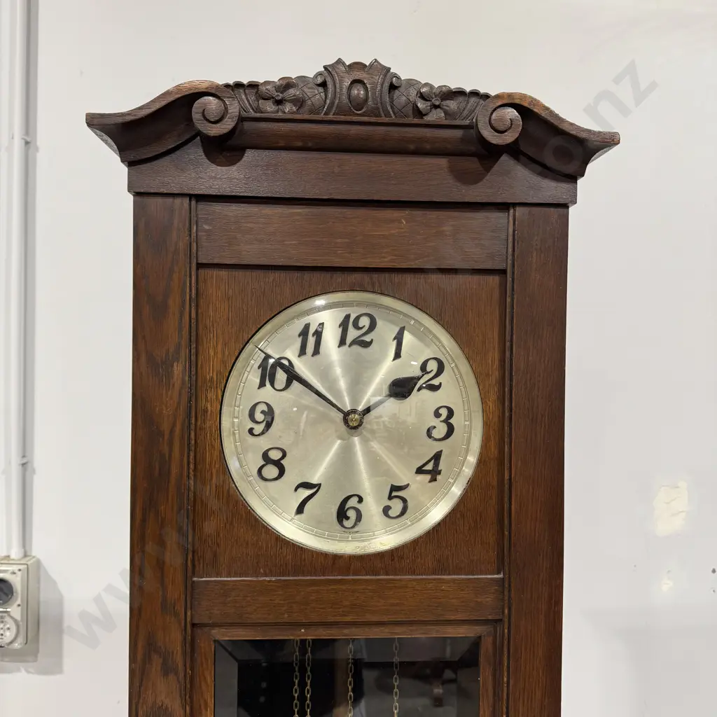 Art Deco German Oak Cased Grandfather Clock w Long Bevelled Glass Door, Weights & Pendulum,the Face w Arabic Numerals Image 1++
