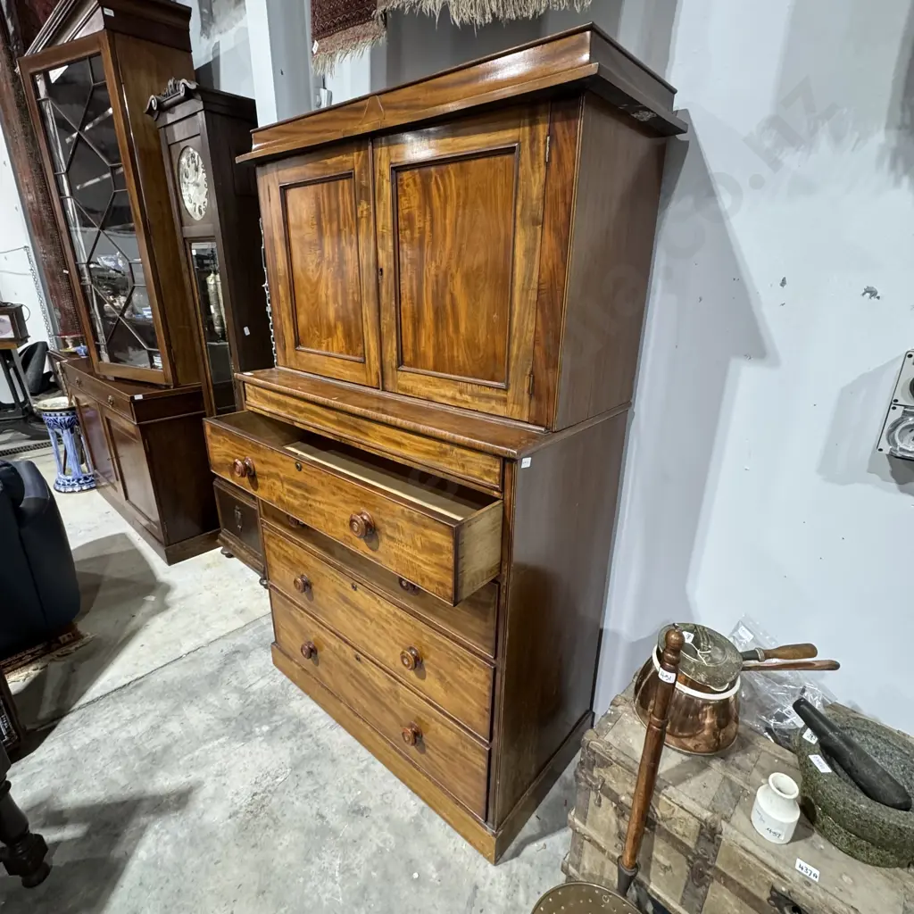Antique 19th Century Mahogany Linen Press, the Upper Section w Framed & Panelled Doors & Below w Four Long Drawers Image 1++