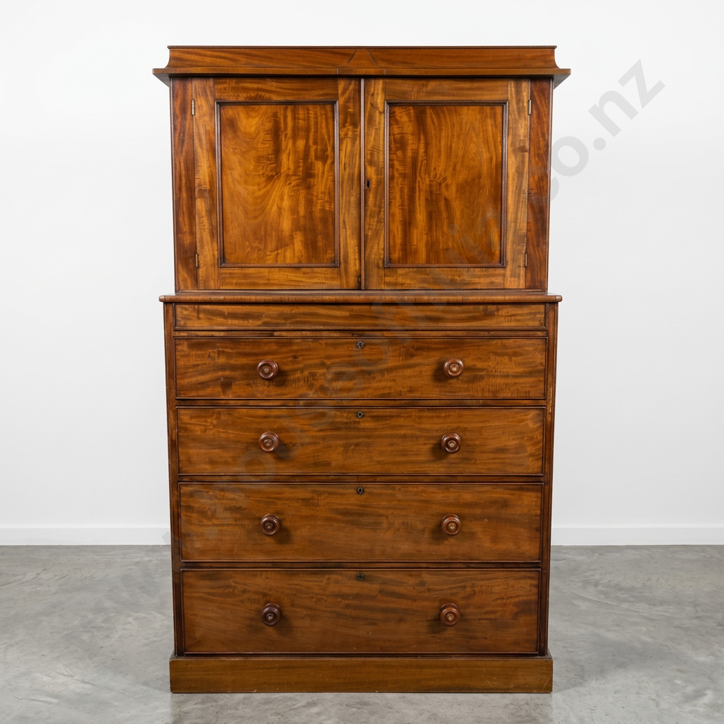 Antique 19th Century Mahogany Linen Press, the Upper Section w Framed & Panelled Doors & Below w Four Long Drawers Image 1++