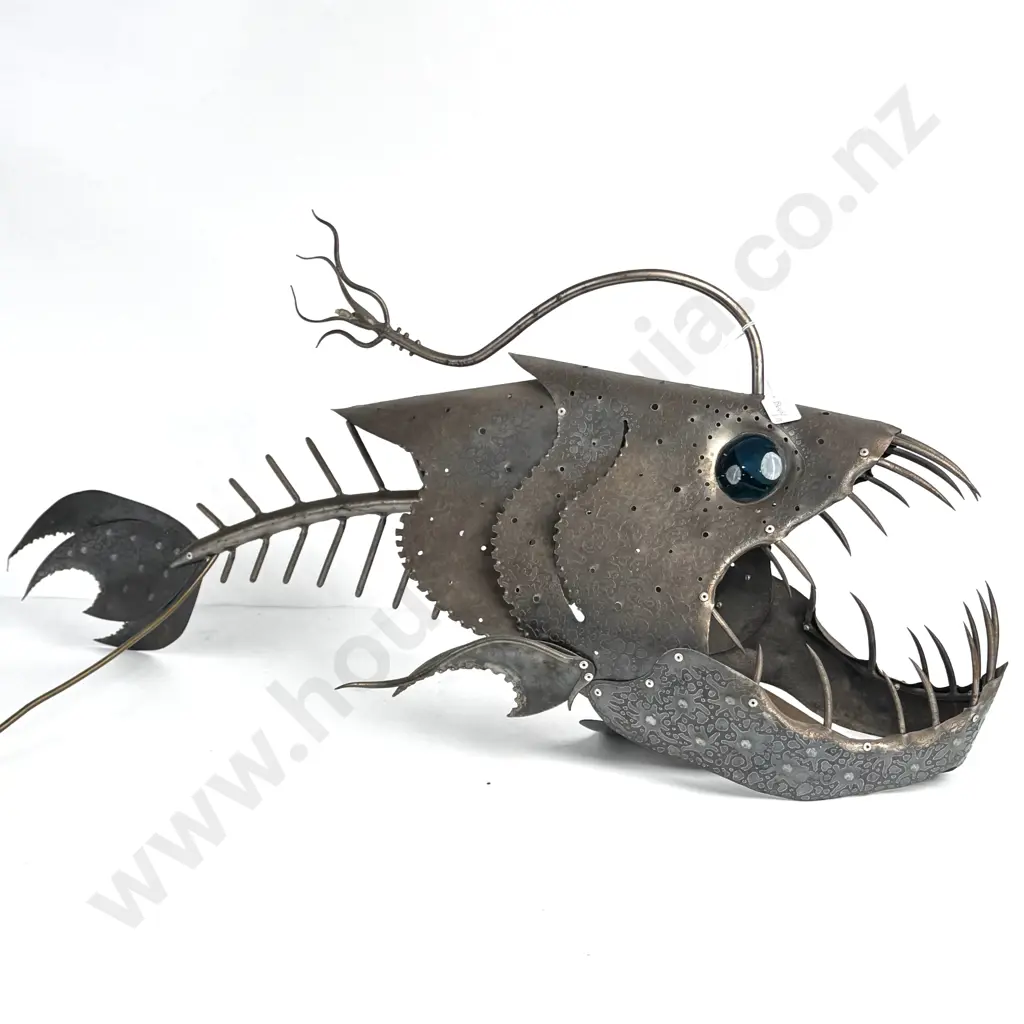 Hand Made Metal Angler Fish Lamp by Artist Campbell Maud, The Main Body w Hammered Patterns & the Jaw w Imposting Teeth Image 1++