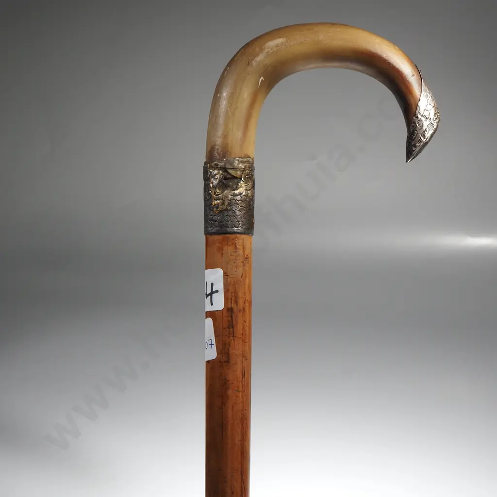 Antique Cane/Walking Stick w Horn Handle & Sterling Silver Tip & Ferrule Image 1++