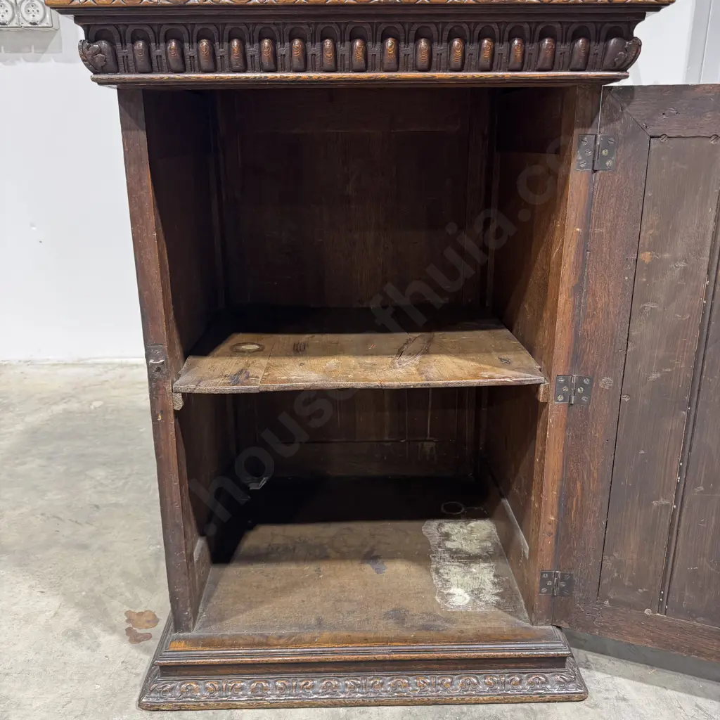 Victorian Gothic Revival Style Oak Cabinet w Bevelled Mirrored Door & Carving to Top & Mirror Surround Image 1++