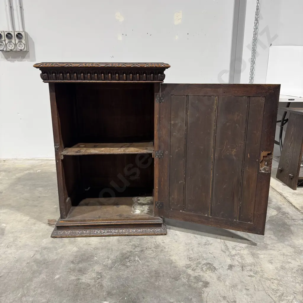 Victorian Gothic Revival Style Oak Cabinet w Bevelled Mirrored Door & Carving to Top & Mirror Surround Image 1++