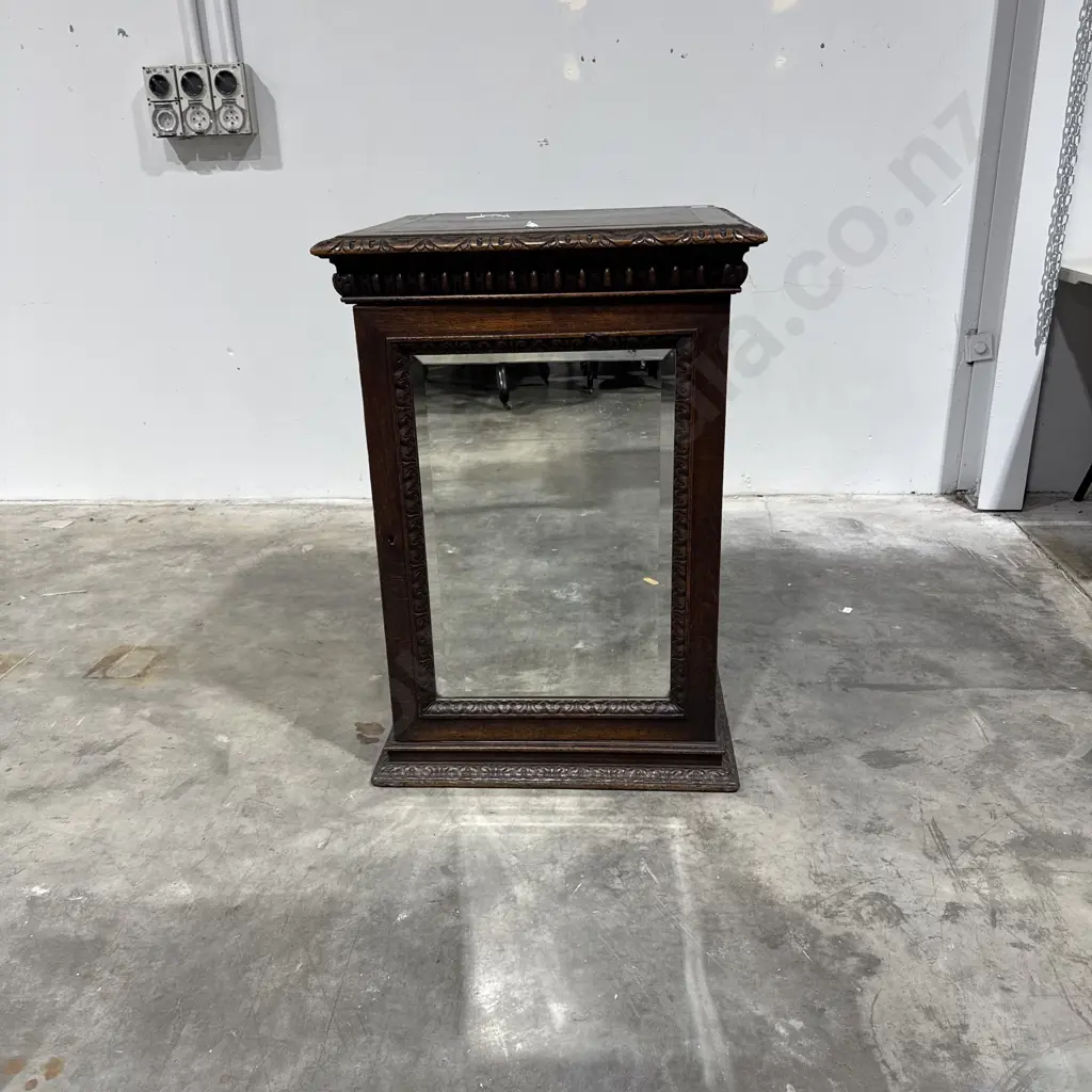 Victorian Gothic Revival Style Oak Cabinet w Bevelled Mirrored Door & Carving to Top & Mirror Surround Image 1++