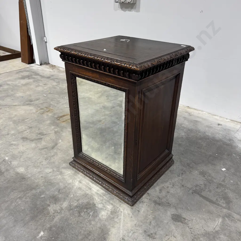 Victorian Gothic Revival Style Oak Cabinet w Bevelled Mirrored Door & Carving to Top & Mirror Surround Image 1++