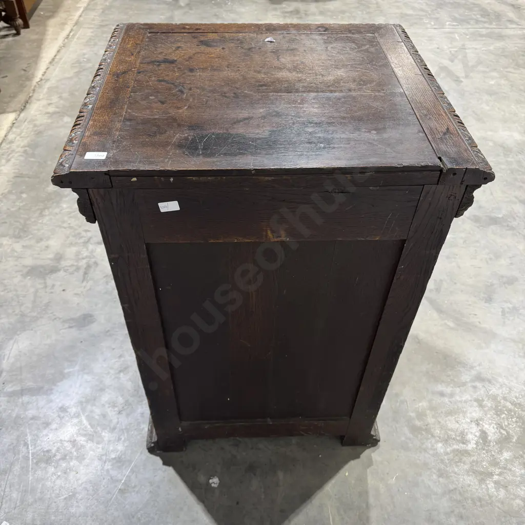Victorian Gothic Revival Style Oak Cabinet w Bevelled Mirrored Door & Carving to Top & Mirror Surround Image 1++