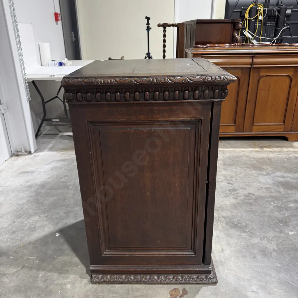 Victorian Gothic Revival Style Oak Cabinet w Bevelled Mirrored Door & Carving to Top & Mirror Surround Image 1++