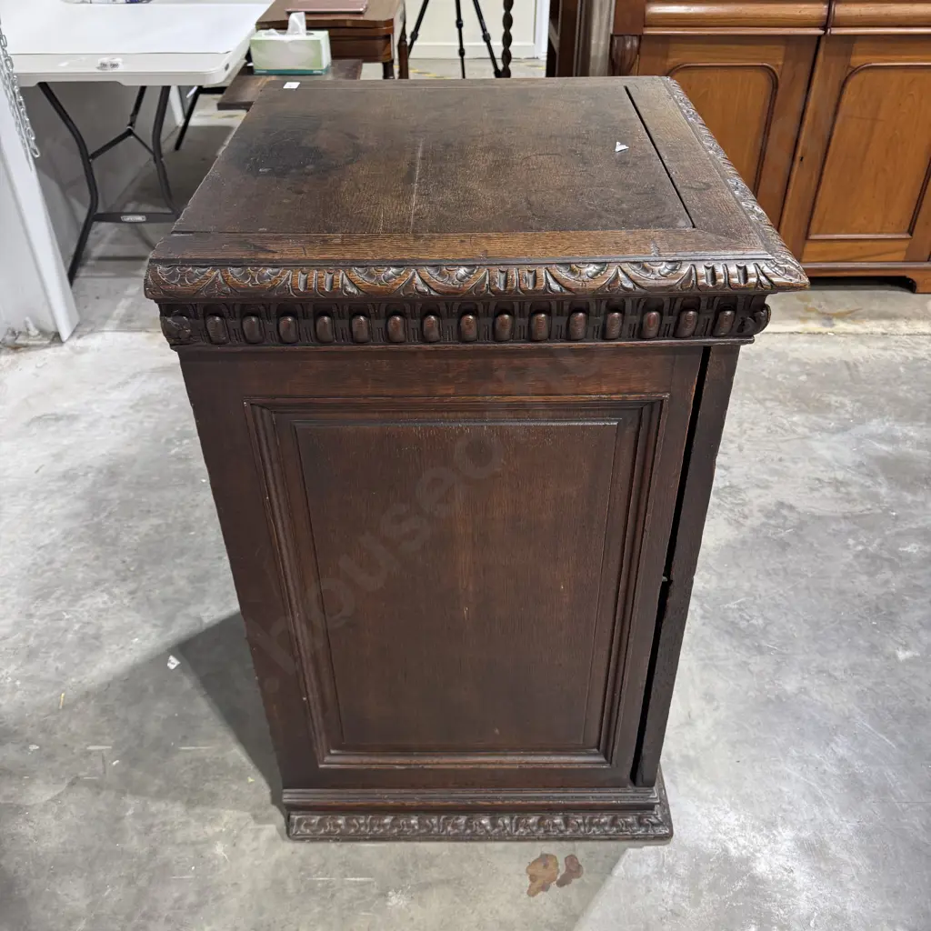 Victorian Gothic Revival Style Oak Cabinet w Bevelled Mirrored Door & Carving to Top & Mirror Surround Image 1++