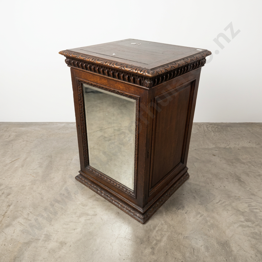 Victorian Gothic Revival Style Oak Cabinet w Bevelled Mirrored Door & Carving to Top & Mirror Surround Image 1++