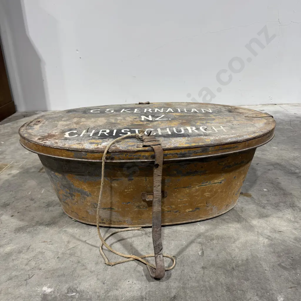 Rare Antique Travelling Hip Bath w Original Lockable Flush Fit Lid & Wrought Iron Handles Image 1++