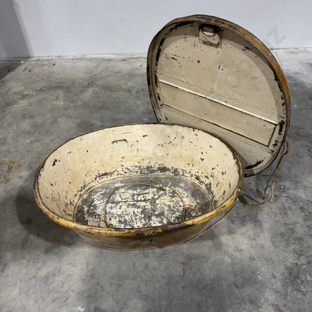 Rare Antique Travelling Hip Bath w Original Lockable Flush Fit Lid & Wrought Iron Handles Image 1++