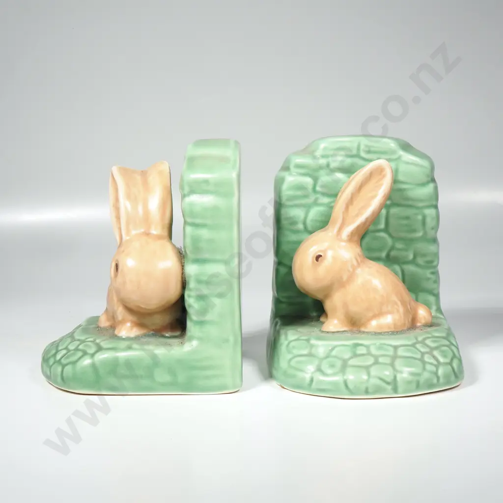 Pair of Sylvac 1311 Snub Nosed Bunny Pair of Bookends w Beige Rabbits Against Green Walls Image 1++