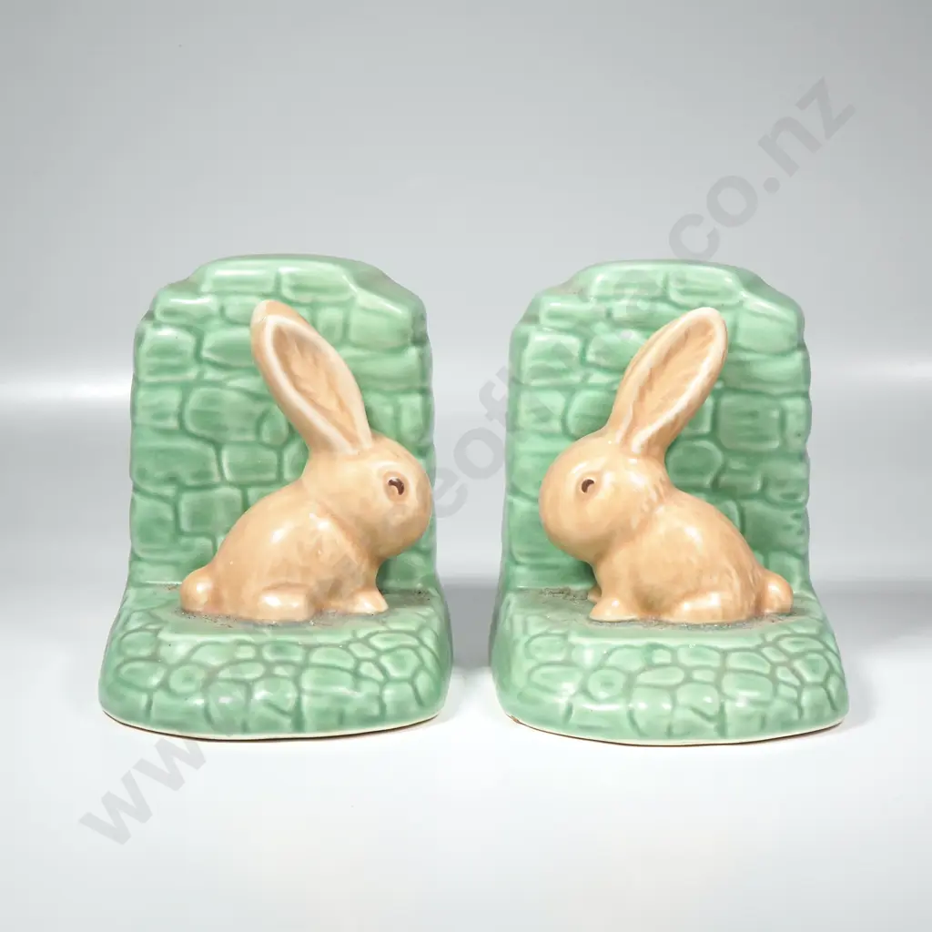 Pair of Sylvac 1311 Snub Nosed Bunny Pair of Bookends w Beige Rabbits Against Green Walls Image 1++