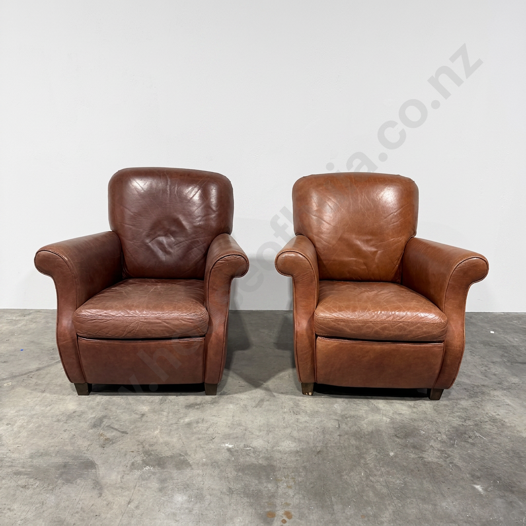 Pair of Vintage Style Brown Leather Club Chairs w Rolled Arms on Square Tapered Feet Image 1++