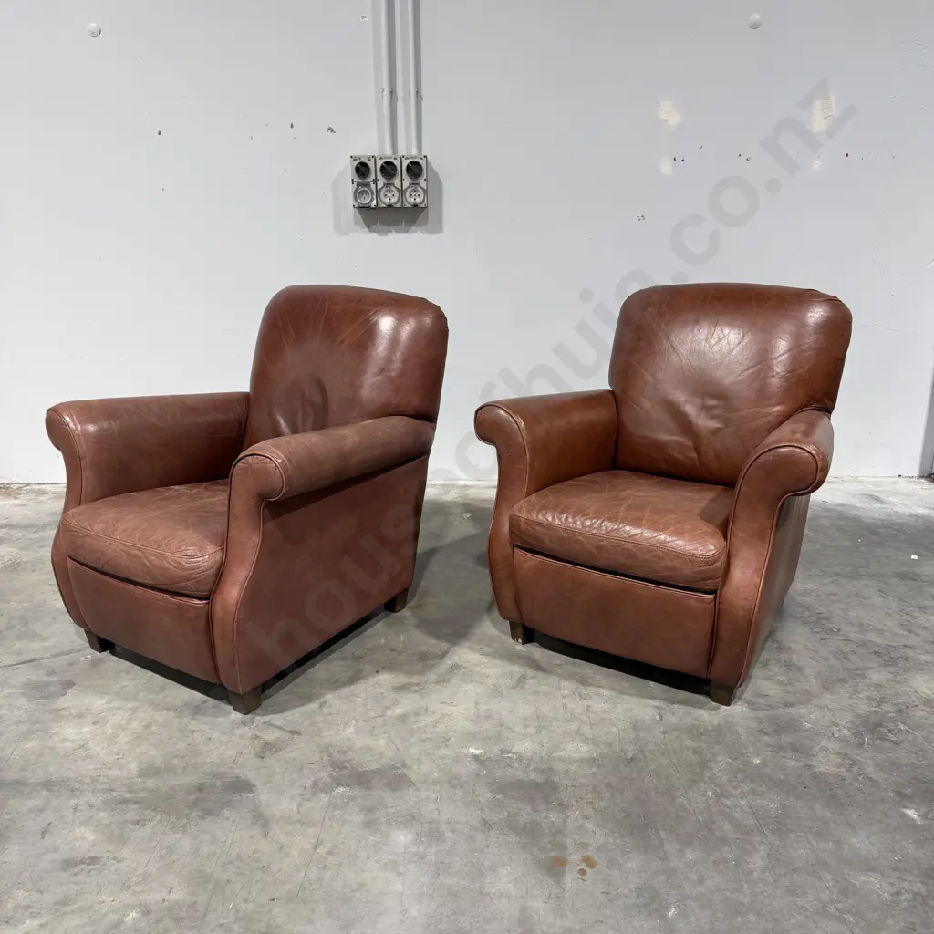 Pair of Vintage Style Brown Leather Club Chairs w Rolled Arms on Square Tapered Feet Image 1++