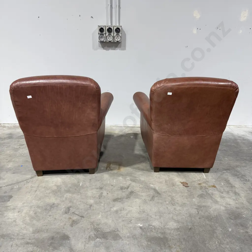 Pair of Vintage Style Brown Leather Club Chairs w Rolled Arms on Square Tapered Feet Image 1++