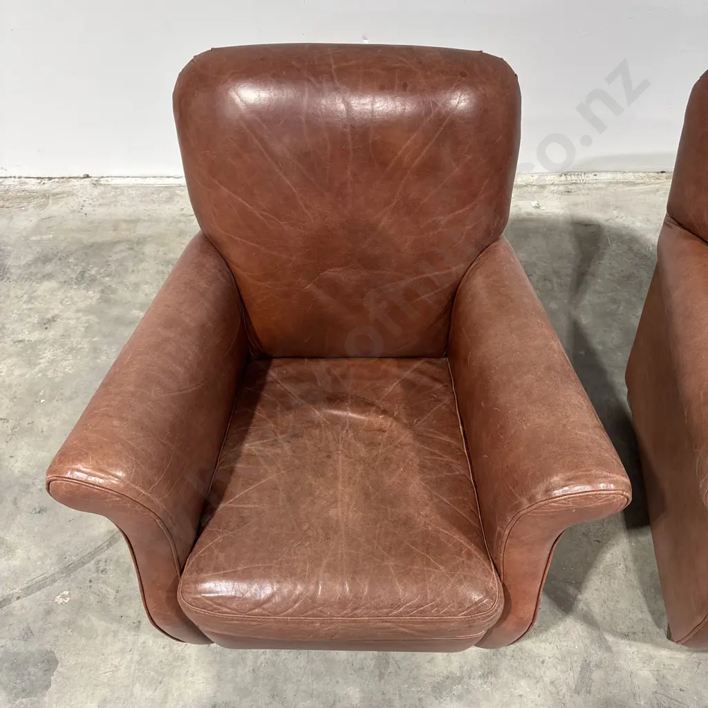 Pair of Vintage Style Brown Leather Club Chairs w Rolled Arms on Square Tapered Feet Image 1++