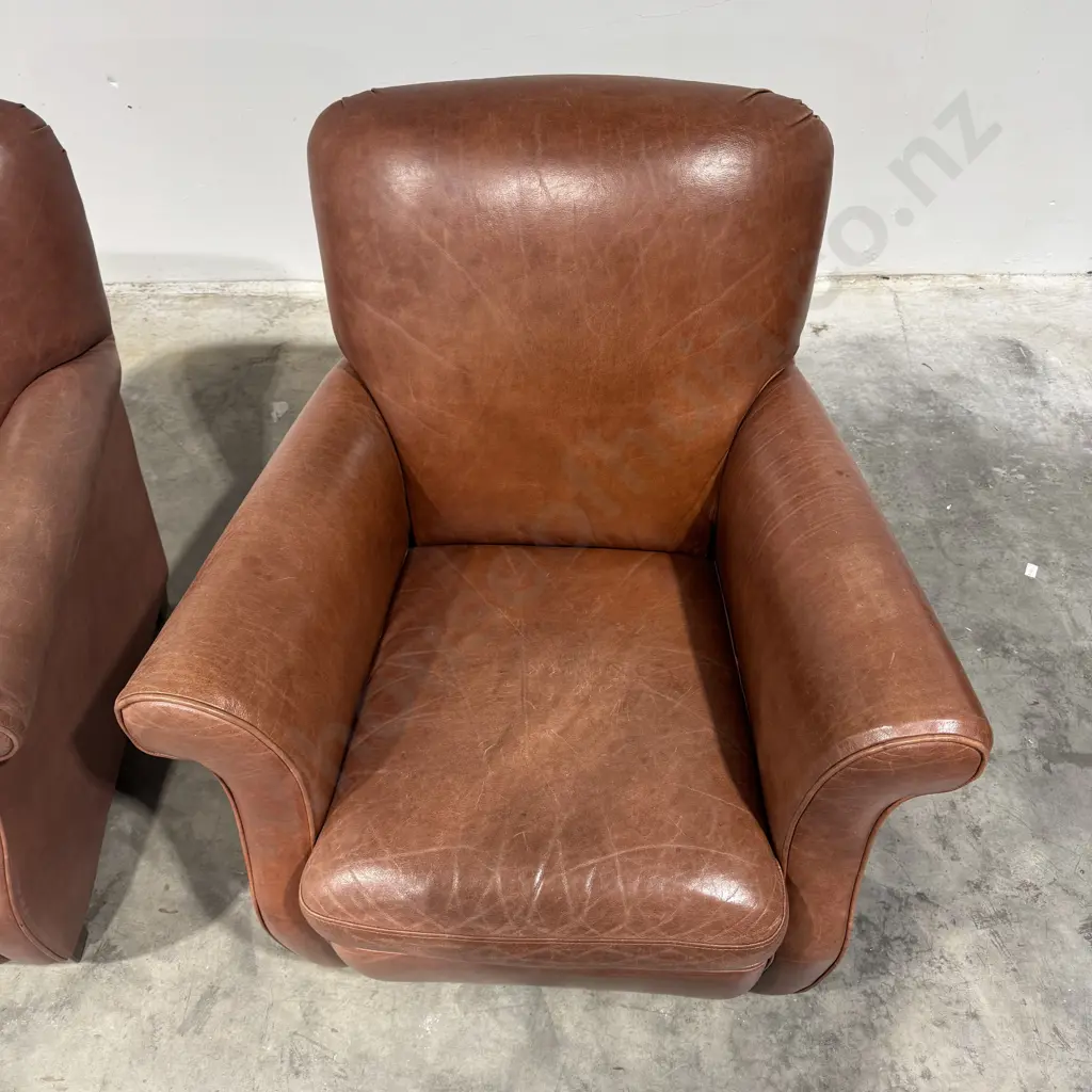 Pair of Vintage Style Brown Leather Club Chairs w Rolled Arms on Square Tapered Feet Image 1++