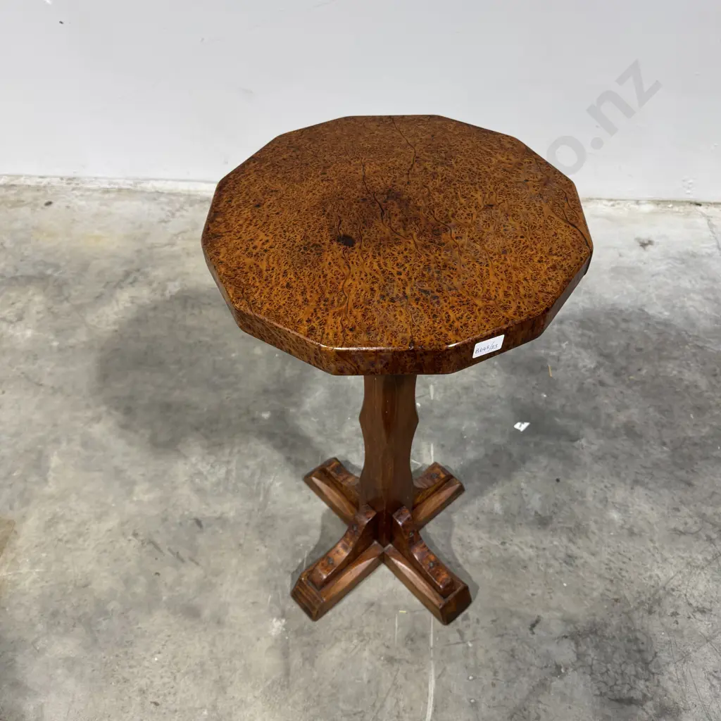 Quality Colonial Totara Occasional Table w Faceted Stem & Carved Details on a Four Point Base Image 1++