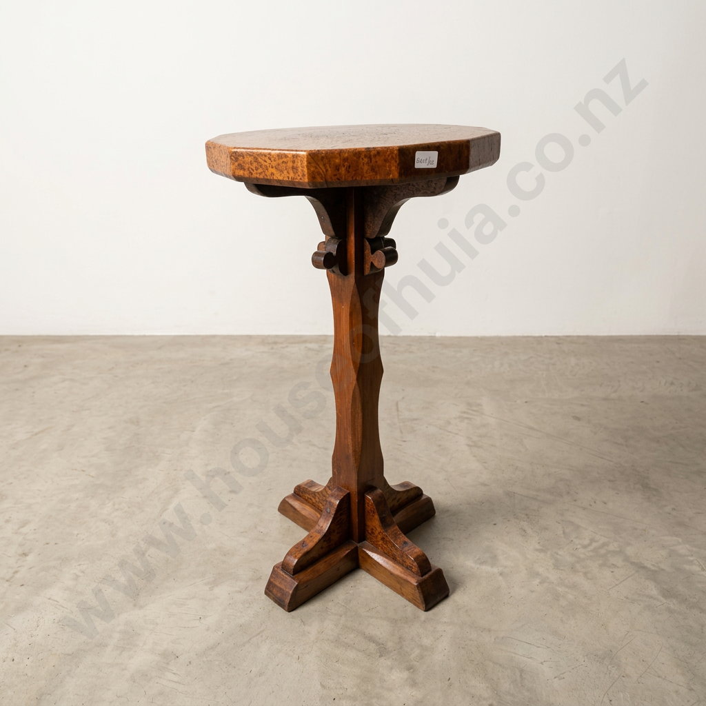 Quality Colonial Totara Occasional Table w Faceted Stem & Carved Details on a Four Point Base Image 1++