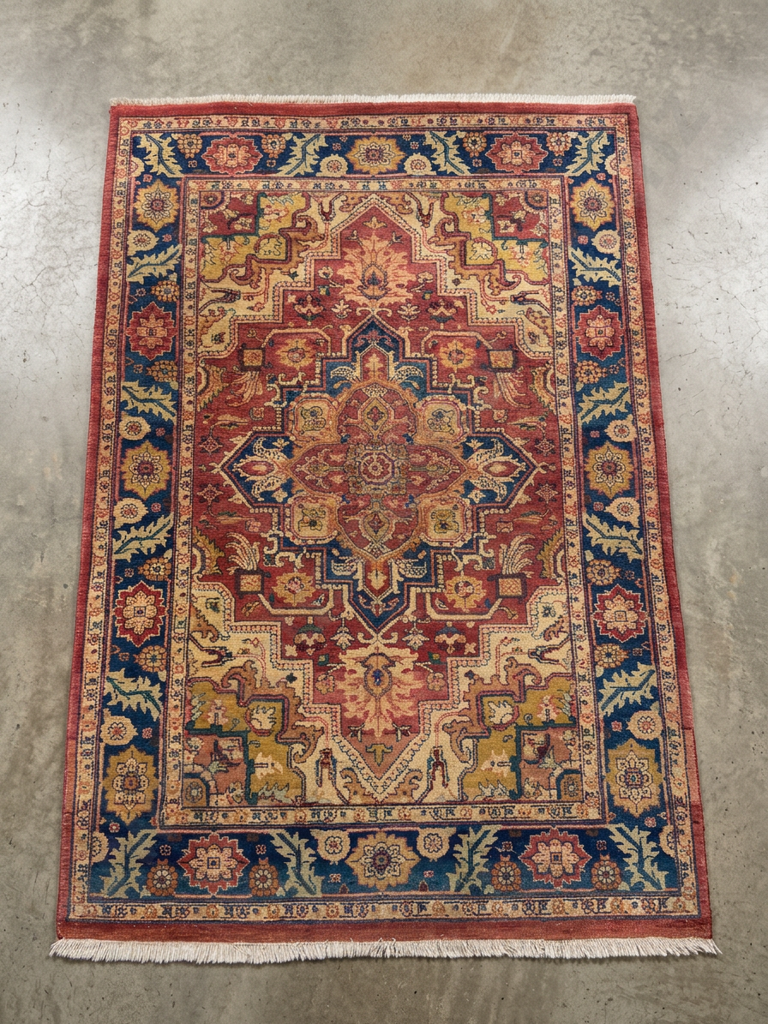 Heriz Style Persian Rug w Bold Central Geometric Pattern in a Rust & Navy Blue Colour Image 1++