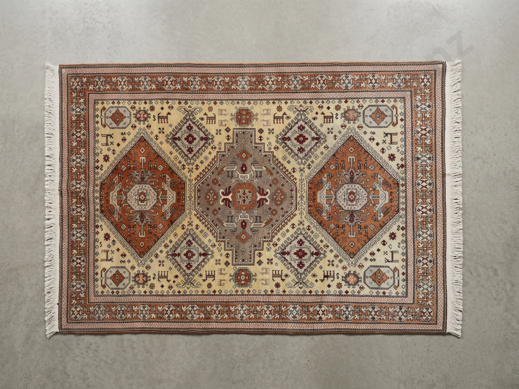 Persian Rug w Repeating Diamond Motifs in Red Orange, Grey & Cream Image 1++