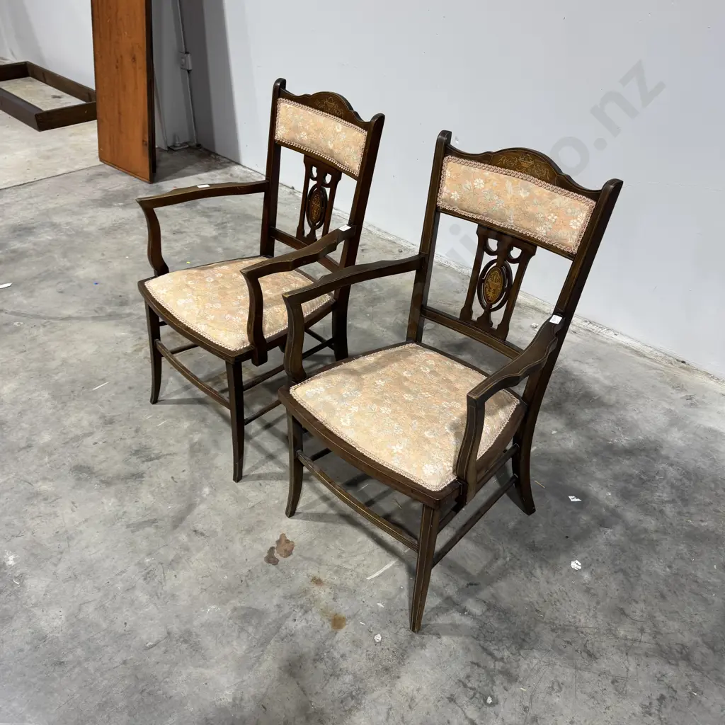 Pair of Edwardian Sheraton Revival Mahogany Armchairs w Intricate Inlay on the Back Splat & Upholstered Seating Image 1++