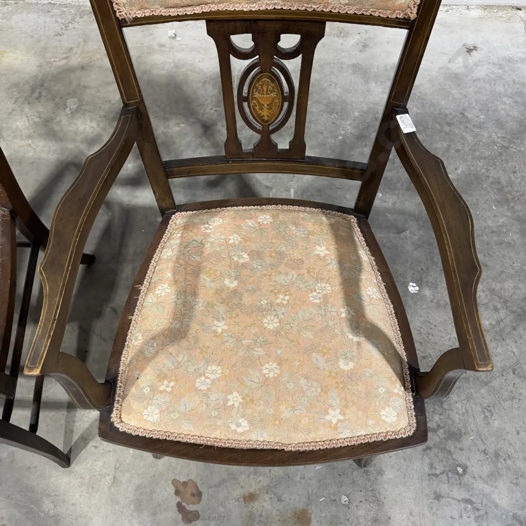 Pair of Edwardian Sheraton Revival Mahogany Armchairs w Intricate Inlay on the Back Splat & Upholstered Seating Image 1++