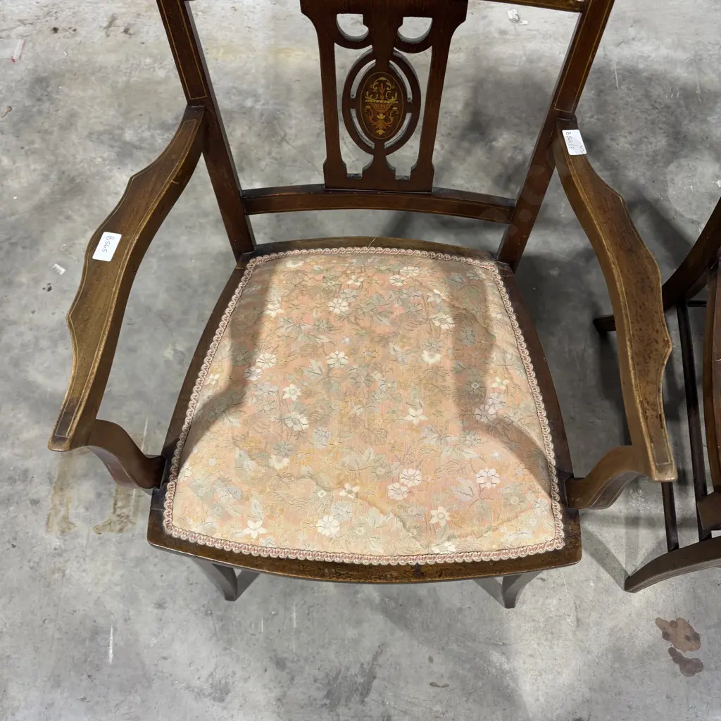 Pair of Edwardian Sheraton Revival Mahogany Armchairs w Intricate Inlay on the Back Splat & Upholstered Seating Image 1++