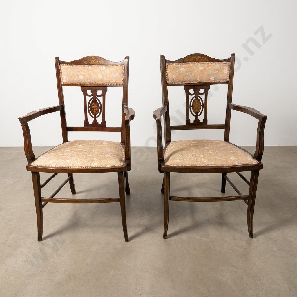 Pair of Edwardian Sheraton Revival Mahogany Armchairs w Intricate Inlay on the Back Splat & Upholstered Seating Image 1++