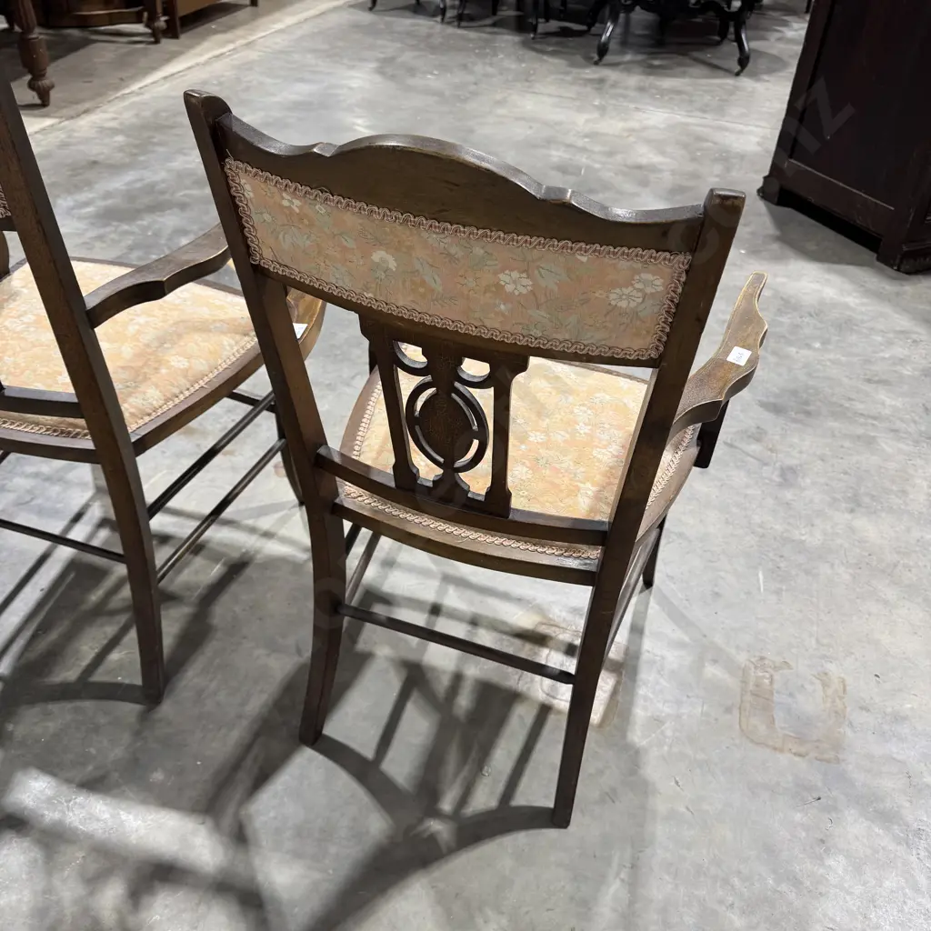 Pair of Edwardian Sheraton Revival Mahogany Armchairs w Intricate Inlay on the Back Splat & Upholstered Seating Image 1++